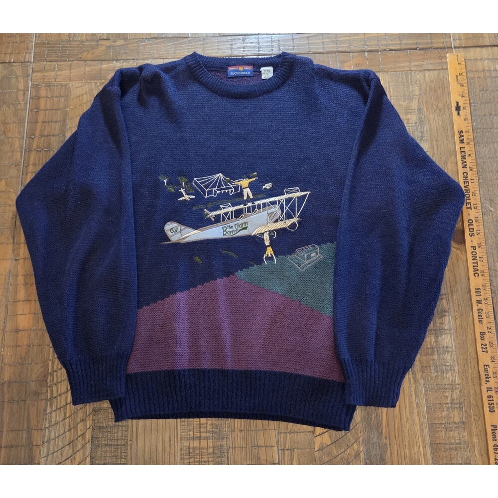 Vintage Buckingham Airplane Sweater Large Knit Long Sleeve Pullover Wool Blend